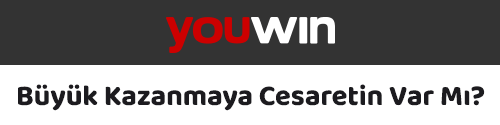 Siyah arka plan üzerinde Youwin logosu ve Büyük kazanmaya cesaretin var mı metni